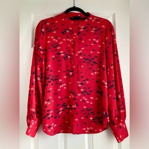 Ann Taylor red floral button down long sleeve blouse